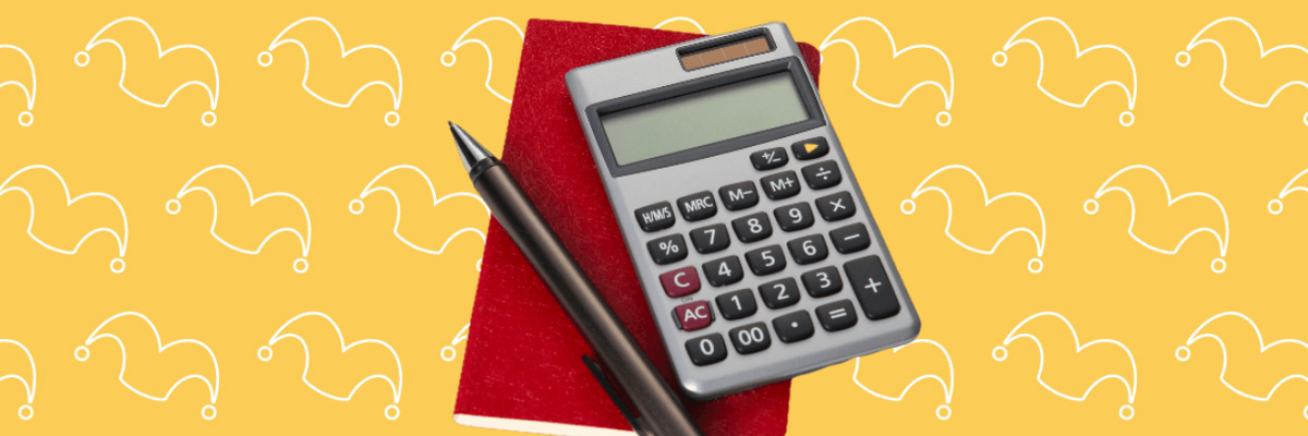 A calculator, pad, and pen against a yellow background