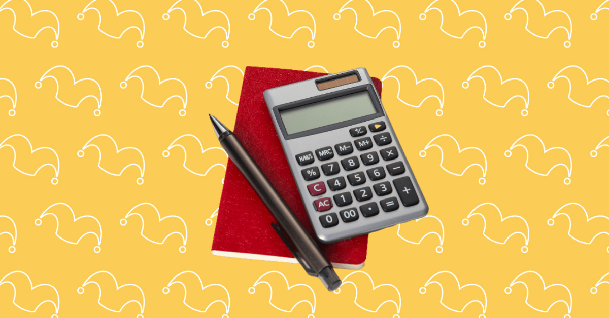 A calculator, pad, and pen against a yellow background