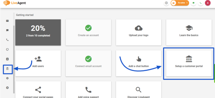A screenshot showing the customer portal setup options in LiveAgent.
