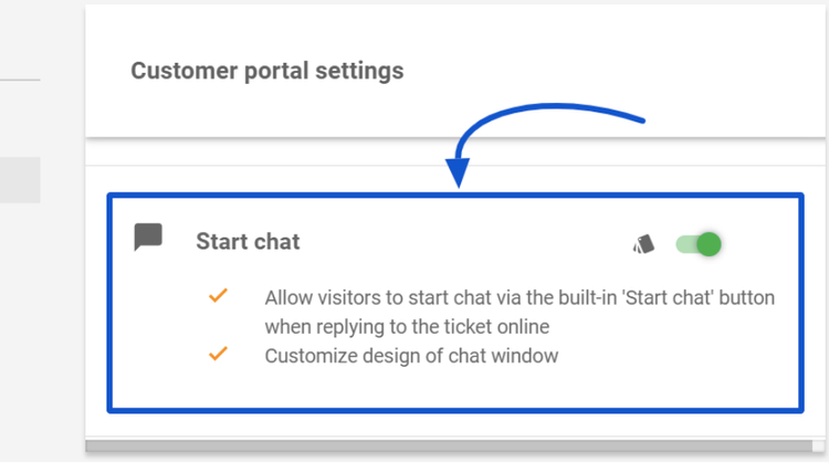 The screenshot shows the option to turn on chat for your customer portal.