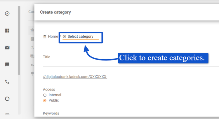 A screenshot showing the option for creating categories in LiveAgent.