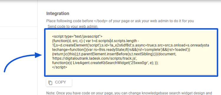 A LiveAgent screenshot shows the code to integrate the knowledge base search widget on your website.