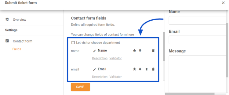 The image shows the submit contact form field editing options in LiveAgent.