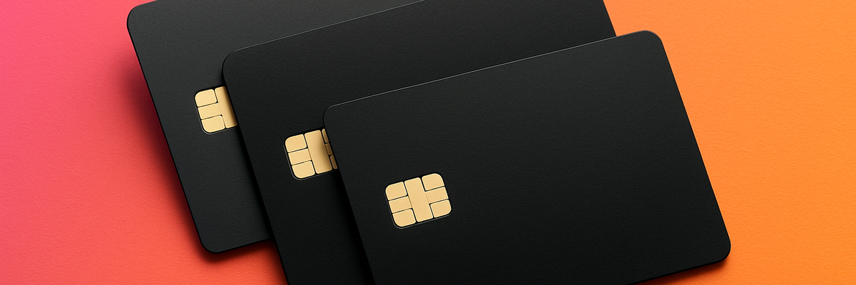 Three black credit cards stacked against an orange and pink gradient background.