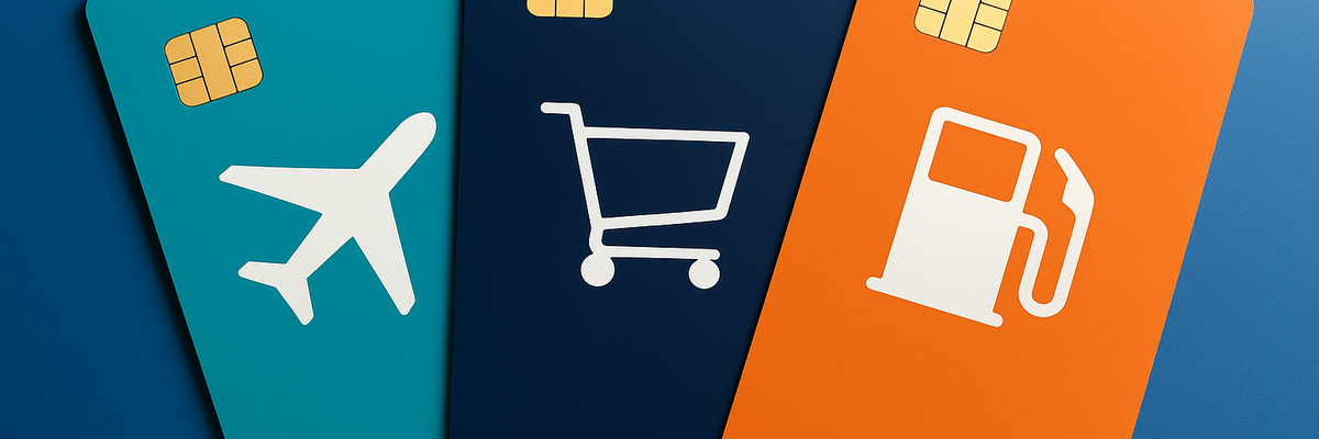 Three different colored credit cards fanned out with a plane, a shopping cart, and a gas symbol on the front of them.