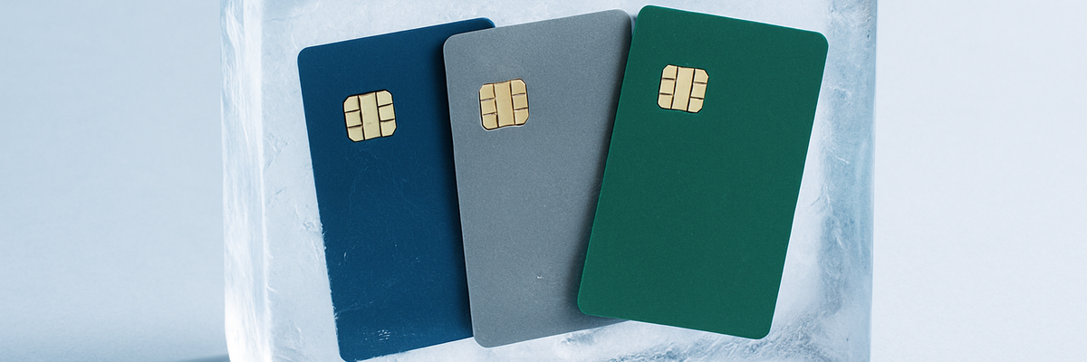 Three credit cards frozen inside a block of ice.