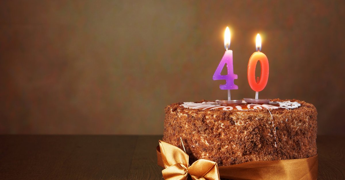 A chocolate birthday cake with candles that say 40.