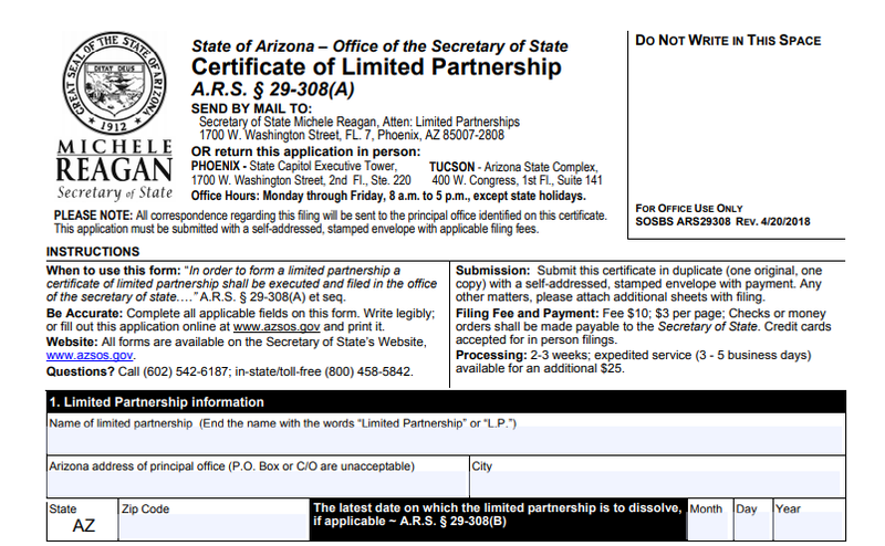 Screenshot of Arizona's certificate of limited partnership.