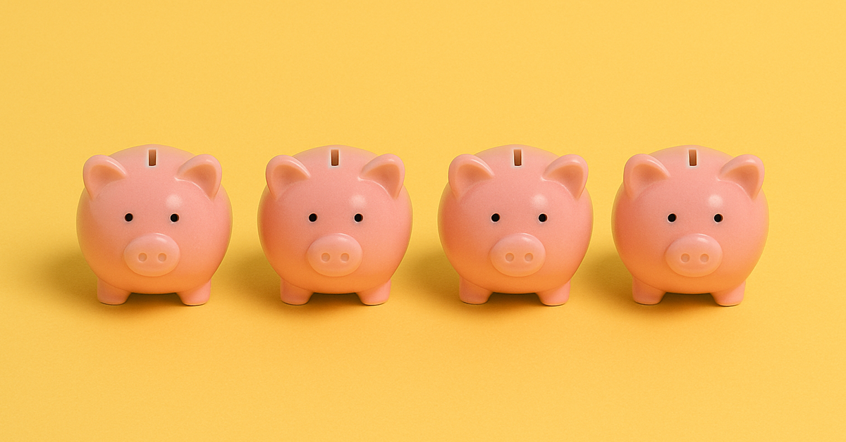 Four pink piggy banks in a row against yellow background.