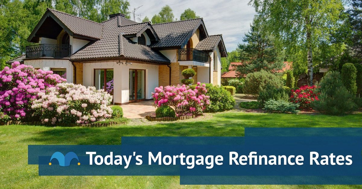 Large home surrounded by greenery with Today's Mortgage Refinance Rates graphic.