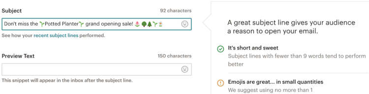 Mailchimp's subject helper shows suggestions as you type