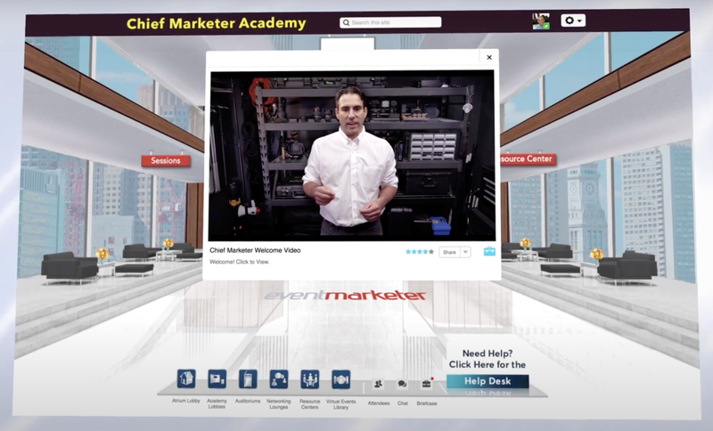 A video image of a man welcoming attendees to a virtual event.