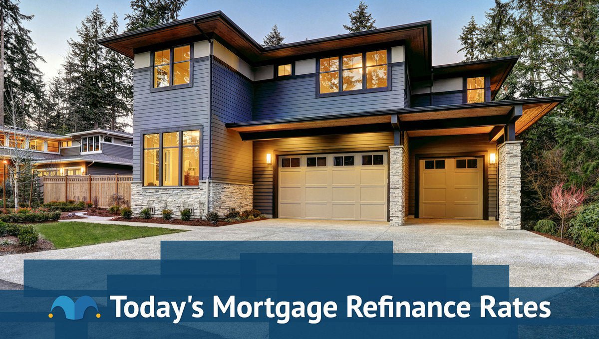 Large, modern-style home with Today's Mortgage Refinance Rates graphic.