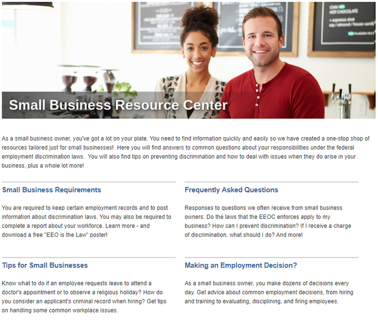 Screenshot of the EEOC’s online Small Business Resource Center.