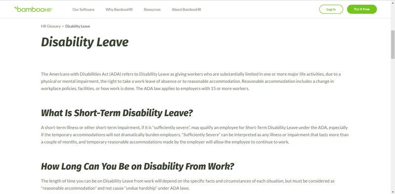 A screenshot of BambooHR’s glossary that covers disability leave and the ADA.