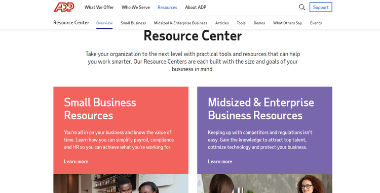 Screenshot of ADP Workforce Now&#x27;s support and resources area for troubleshooting and learning about the software.