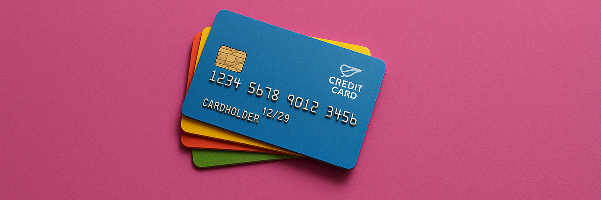 A stack of multi-colored credit cards.
