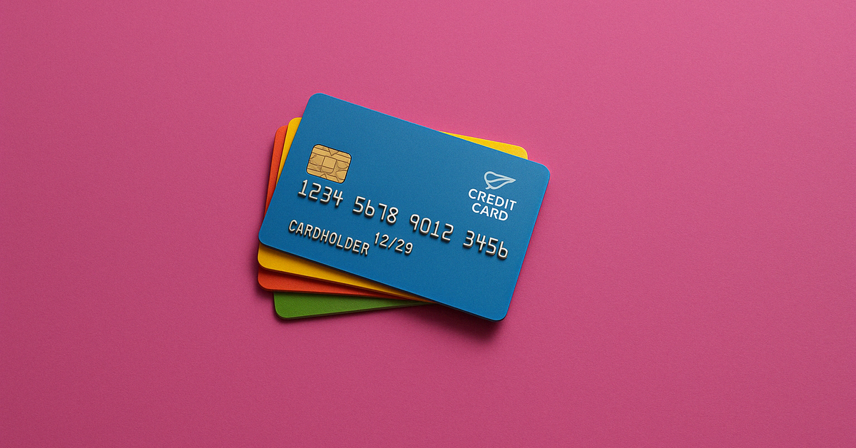A stack of multi-colored credit cards.