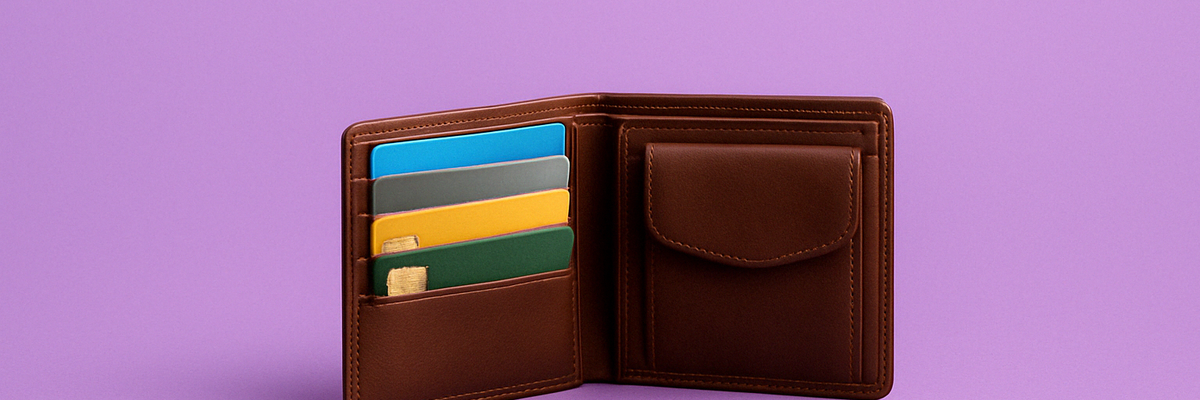 A leather wallet full of credit cards.