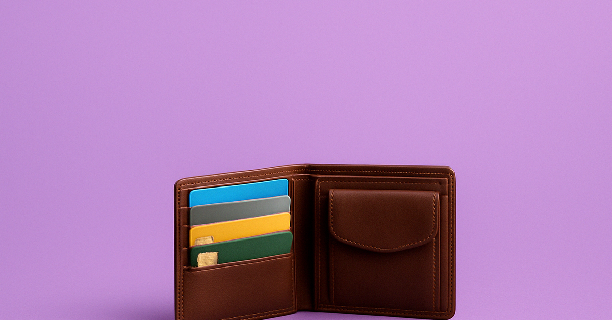 A leather wallet full of credit cards.