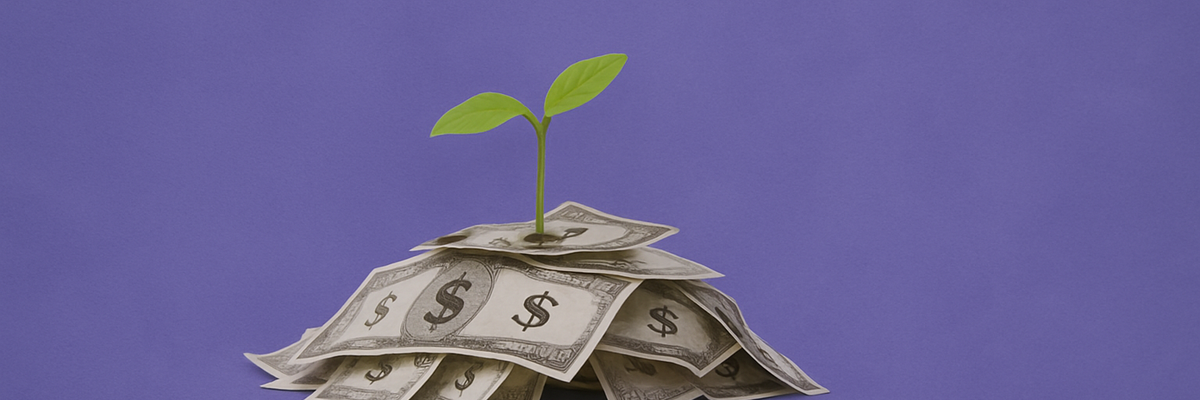 A stack of generic bills with a sprouting plant emerging from the top.