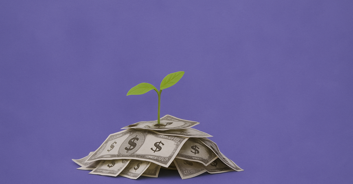 A stack of generic bills with a sprouting plant emerging from the top.