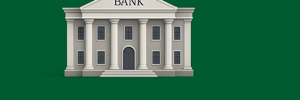 A standard bank building structure with columns.