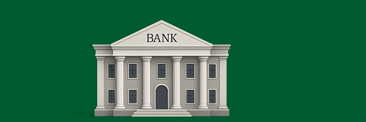 A standard bank building structure with columns.