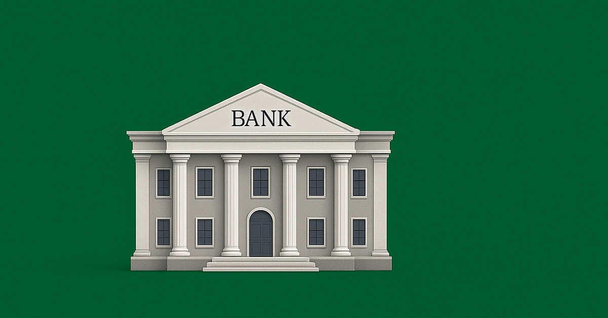 A standard bank building structure with columns.