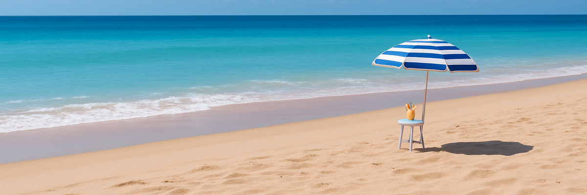 A beach umbrella and tropical drink situated on a sunny beach.