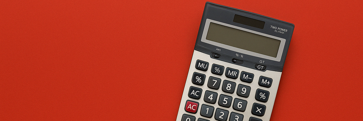 A simple calculator on a red background.