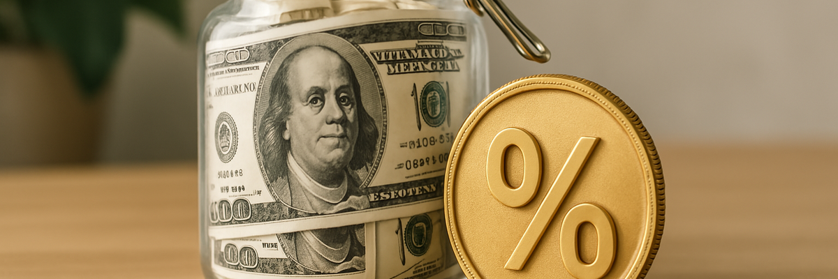 A glass jar full of big bills and a gold coin with a percentage sign next to it.