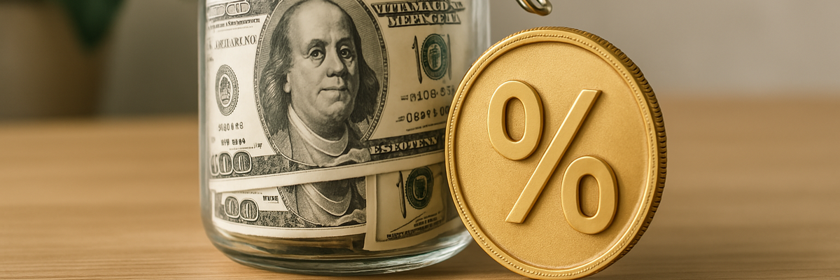 A glass jar full of big bills and a gold coin with a percentage sign next to it.