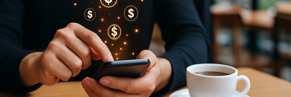 Hands using a cell phone with dollar signs floating above indicating financial transactions taking place.
