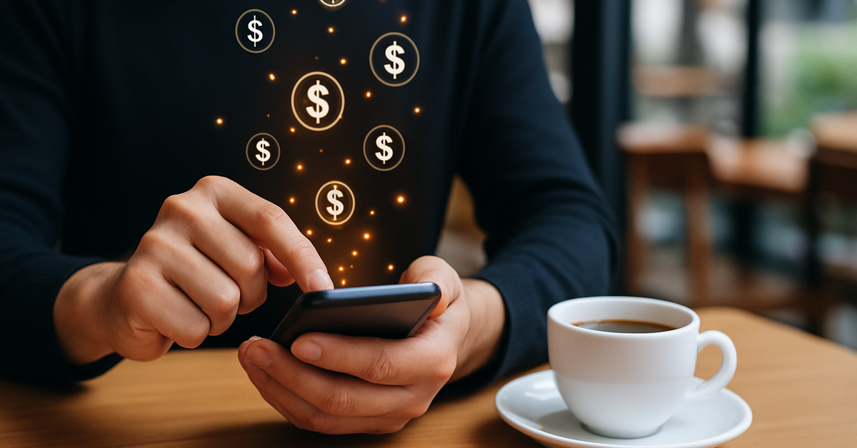 Hands using a cell phone with dollar signs floating above indicating financial transactions taking place.