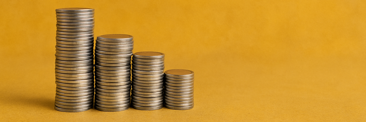 Four stacks of coins in descending height.