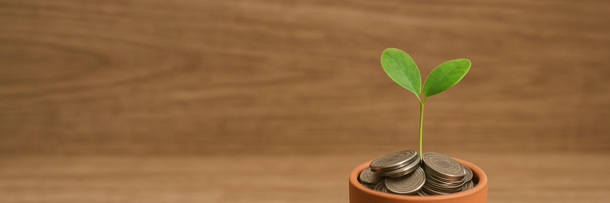 A small terracotta pot full of coins with a plant sprouting from it.