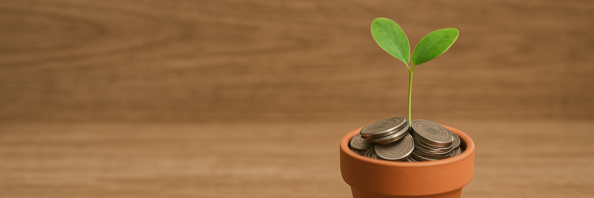 A small terracotta pot full of coins with a plant sprouting from it.