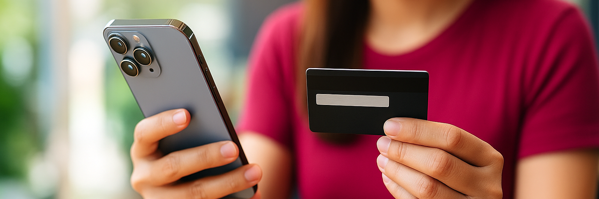 A person holding a credit card with one hand and a cell phone in the other.