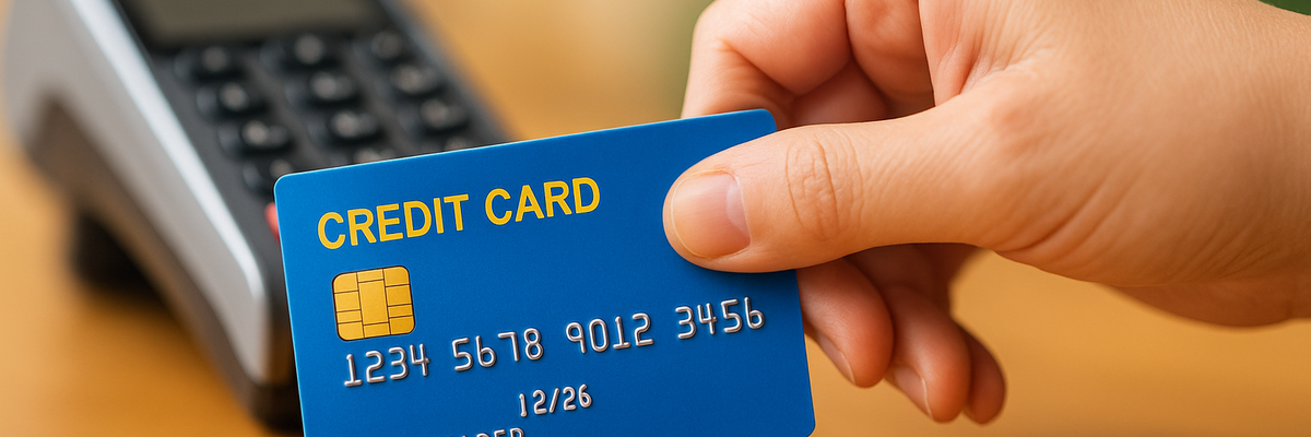 A hand holding a credit card near a payment terminal.