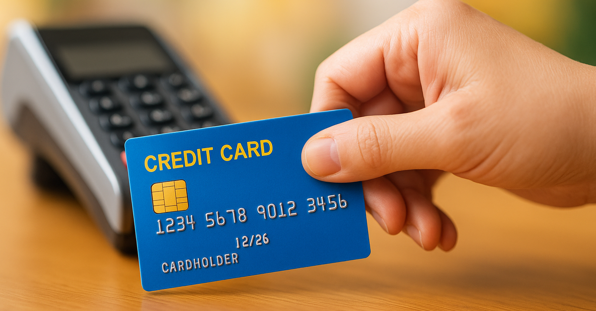 A hand holding a credit card near a payment terminal.