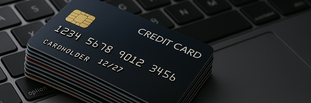 A stack of credit cards on top of a keyboard.