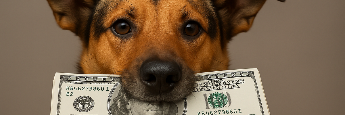 Dog with stack of money in its mouth.