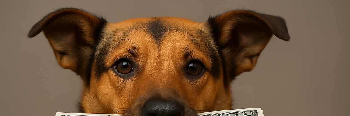 Dog with stack of money in its mouth.