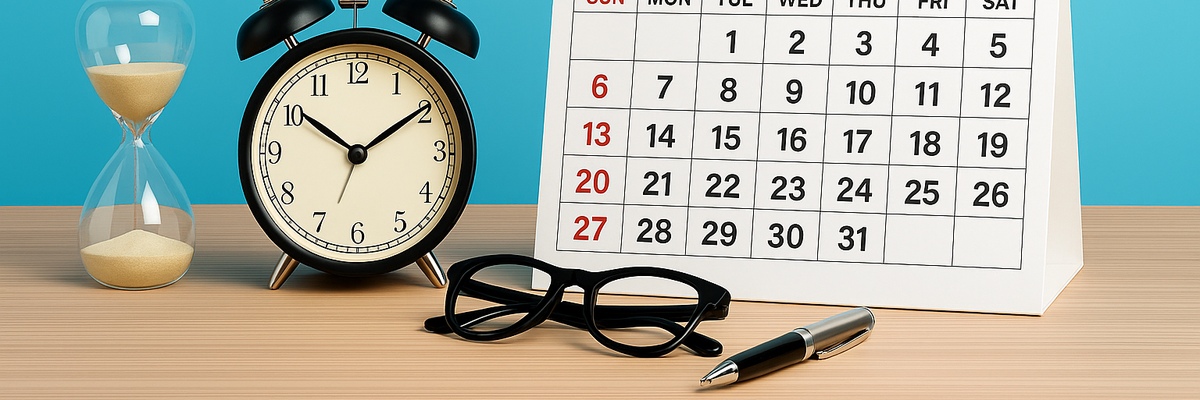 A generic calendar on a desk beside eyeglasses, an alarm clock, and a small hourglass.