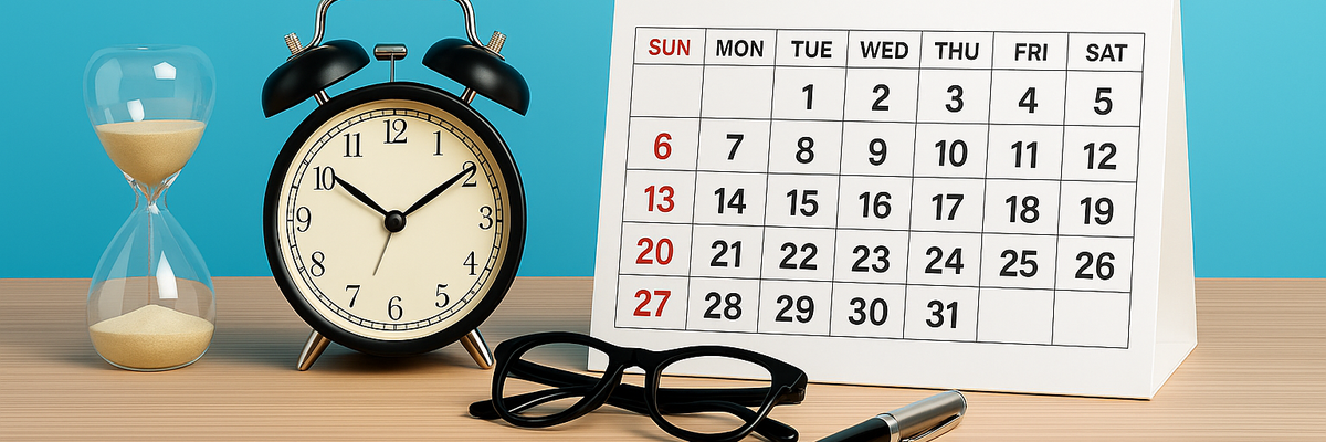 A generic calendar on a desk beside eyeglasses, an alarm clock, and a small hourglass.