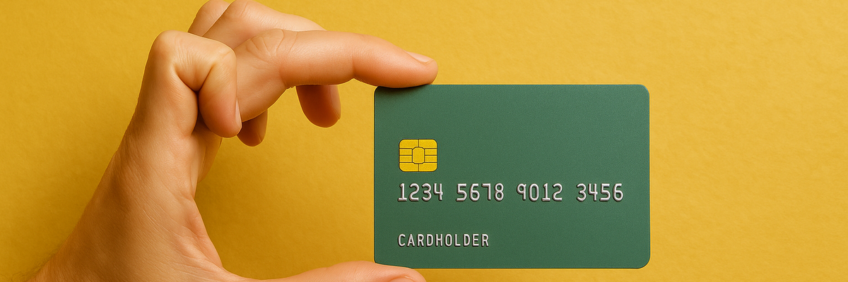 A hand holding out a credit card.