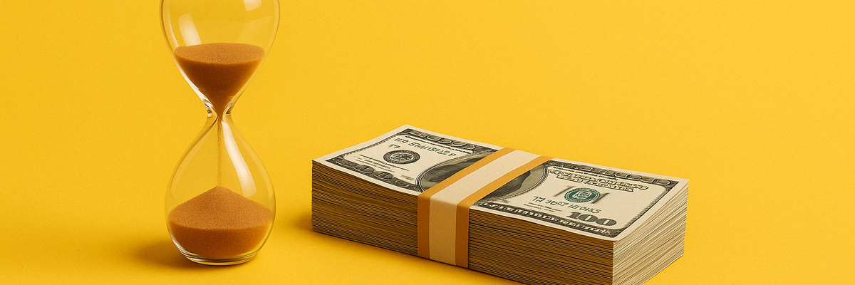 An hourglass next to a stack of cash.