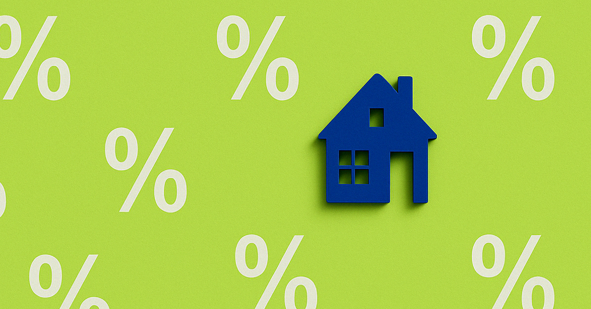 A small house sits on a background of percentage signs.