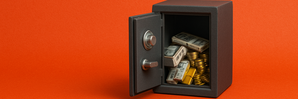 An open safe showing coins and bills inside.